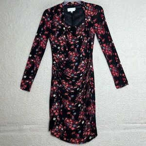 NWT MNG by MANGO Womens Black Floral Ruched Long Sleeve Shift Dress M MEDIUM